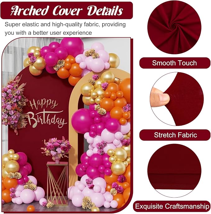 Metal Arch Stand and Cover Set,1 Burgundy Spandex Fitted Backdrop with 1 Gold Wedding Arched Stand Frame for Parties Birthday Baby Shower Bridal Banquet Decoration (7.2FT)
