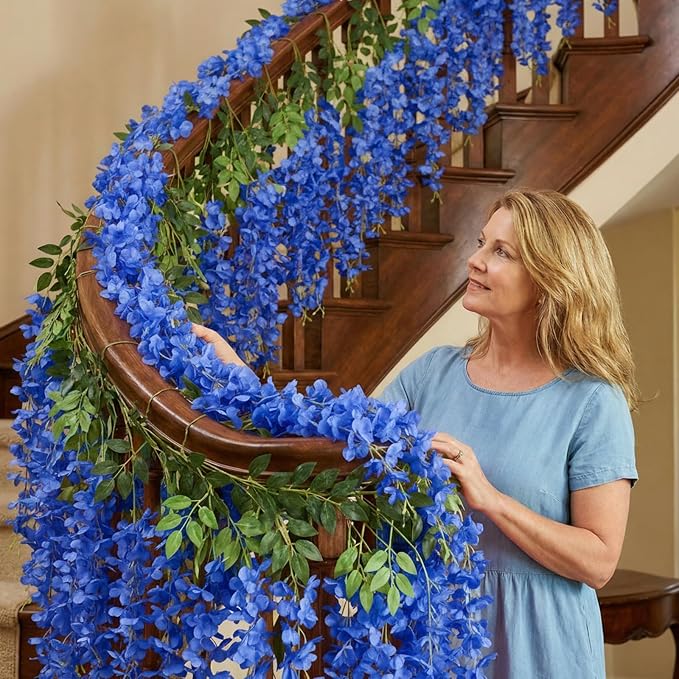U'Artlines 24 Pack (Total 86.4 Feet) Artificial Fake Wisteria Vine Rattan Hanging Garland Silk Flowers String Home Party Wedding Decor (24, Navy Blue)