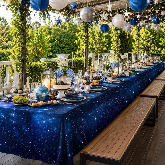 Hallswl 100ft x 54in Space Tablecloth Roll, Disposable Plastic Galaxy Table Cloth Blue Starry Sky Design Rectangle Table Covers for Kids Science Party, Birthday, Space Theme Party Decorations
