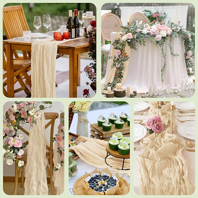 Wokceer Cheesecloth Table Runner 12Pack 10FT Sand Christmas Gauze Cheese Cloth Table Runner for Party Long Rustic Sheer Table Runners for Baby Bridal Shower Wedding Easter Decor