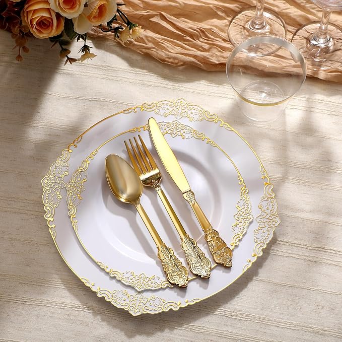 Goodluck 250 PCS Vintage White & Gold Rim Plastic Plates with Cutlery Set - Serves 50 - Heavy Duty Elegant Disposable Dinnerware for Formal Wedding, Catering, Upscale Party