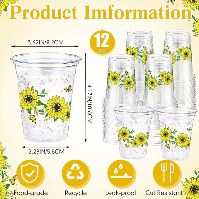 Hushee Sunflowers 60 Pcs Party Cups 16 oz Plastic Disposable Drinking Cups for Birthday Love Baby in Bloom Baby Shower Summer Fresh off The Market Bridal Shower Decorations Supplies