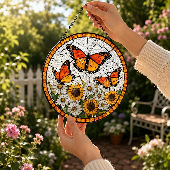 Daisy and Butterfly Stained Glass Suncatcher for Window – Monarch Butterfly Sunflower Daisy Round Sun Catcher 6x6 Inch – Gift for Butterfly Lovers Women Home Decor Hanging Decoration