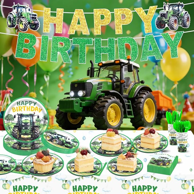 182pcs Tractor Birthday Decorations,Green Farm Party Tableware Set Includes Plates and Napkins,Cups,forks,knives,banner,Tablecloth,for Tractor Birthday Party Supplies,Serve 30