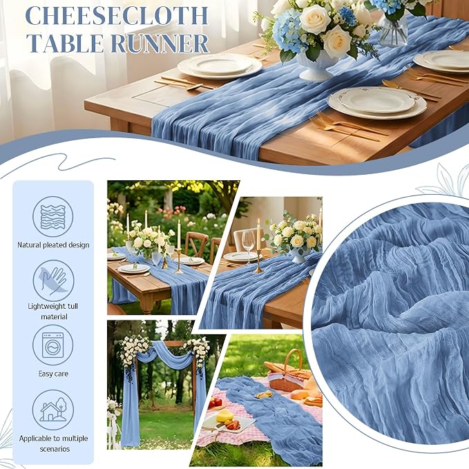 6 Pack Dusty Blue Cheesecloth Table Runner 21x120 Inches, Boho Gauze Rustic Semi Sheer Cheese Cloth Table Runners for Easter Wedding Bridal Baby Shower, Birthday Party, Long Farmhouse Table Decor