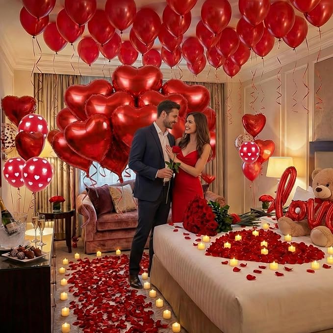 Valentine’s Day Decorations Set – Red Heart Balloon Kit with LOVE Foil, LED Candle Lights & Rose Petals, Romantic Room Decor for Proposal, Bedroom or Hotel