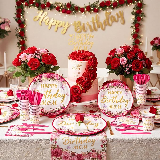 168 Pcs Happy Birthday Mom Party Decorations Pink Floral Best Mom Ever Plates and Napkins Sets Disposable Birthday Tableware Sets Serve for 24