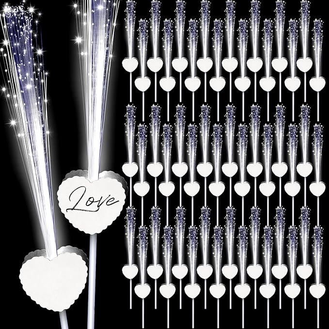 Tujoe 50 Pcs LED Wedding Sparklers Glow Sticks Heart Shape Long Fiber Optic Wands with 3 Light Modes for Send Off Reception Valentine Proposal Carnival Birthday Party Supplies Dance Floor Prop (White)