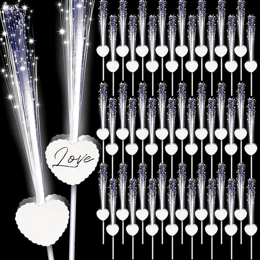 Tujoe 50 Pcs LED Wedding Sparklers Glow Sticks Heart Shape Long Fiber Optic Wands with 3 Light Modes for Send Off Reception Valentine Proposal Carnival Birthday Party Supplies Dance Floor Prop (White)