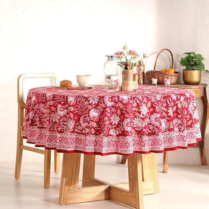 Hand Block Printed Tablecloth – Colorful Floral Print | 100% Cotton | Indian Artisan Handmade Art | Dining Room, Kitchen, Outdoor Décor, (Cherry Red, 6 Seater 72 Inches Round)