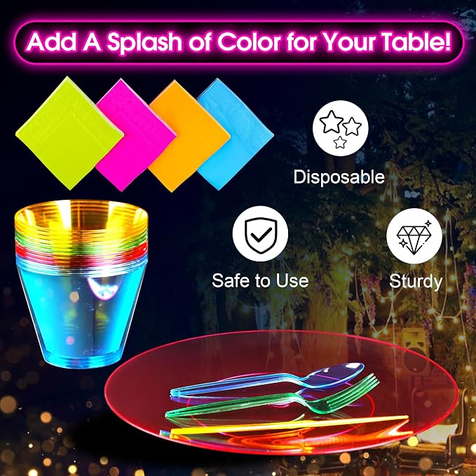 Kochorie 168 PCS Neon Party Supplies Serves 24 Including 7.5 & 10.25 In Disposable Plastic Neon Plates 9 Oz Cups Cutlery Napkins Tableware Set Dessert Cake Plates for Blacklight Party Birthday