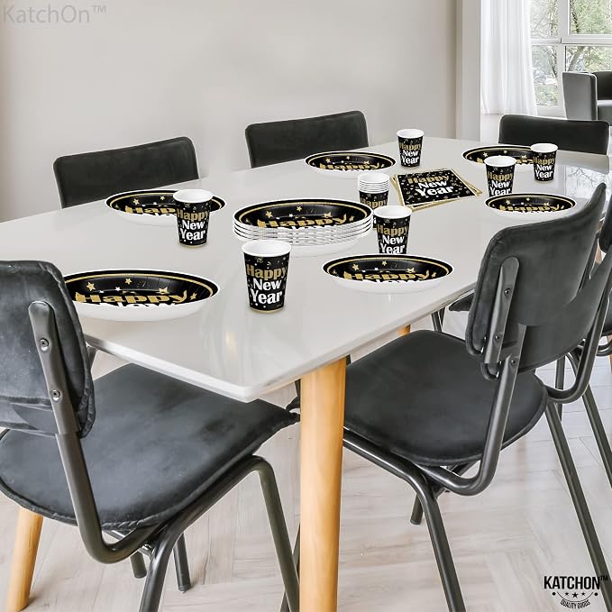KatchOn, New Years Plates and Napkins Set - Serves 25 Guests | Black and Gold Plates, Cups, and Napkins | New Years Eve Party Supplies 2026 | Happy New Year Eve Plate, NY Party Decorations Favors