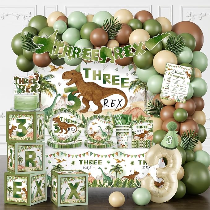 cocomigo 267pcs Three Rex Birthday Decorations Boy Complete Party Set, 3 Rex Birthday Decorations Boys, Serves 25 Guests, for Dinosaur Theme 3rd Party Supplies