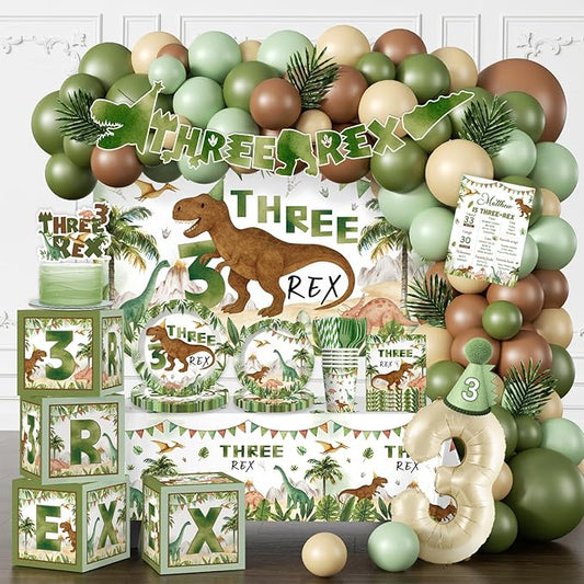 cocomigo 267pcs Three Rex Birthday Decorations Boy Complete Party Set, 3 Rex Birthday Decorations Boys, Serves 25 Guests, for Dinosaur Theme 3rd Party Supplies