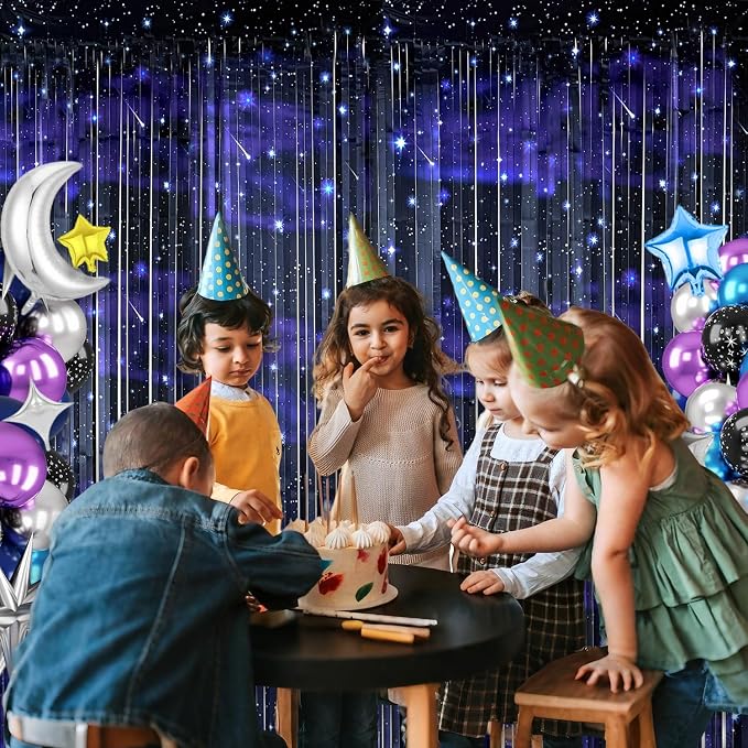 4 Pcs Galaxy Foil Curtains Backdrop for Space Themed Party Decorations, Iridescent Tinsel Curtains Blue Streamers for Space Astronaut, Music Theme Birthday Party Decorations