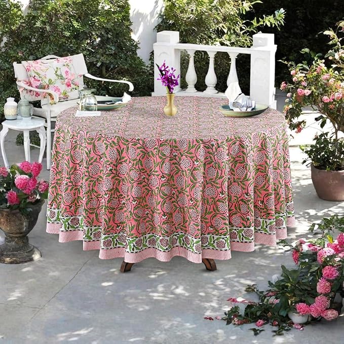 Ridhi Round Tablecloth Hand Block Print 100% Cotton Reusable Strawberry Pink 60 Inch Table Cover Decorative Everyday Use for Dining, Home, Farmhouse Gift for Spring, Mother's Day