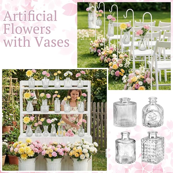 36 Pcs Artificial Flowers Table Centerpiece with Vases Colorful Wildflower Centerpieces Silk Flower Arrangement for Wedding Baby Shower Table Centerpieces Party(Warm Tone,Clear)