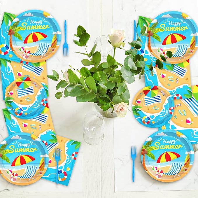 50 Guests Beach Plates and Napkins Party Supplies Summer Birthday Party Decorations Disposable Tableware Set Beach Dinnerware Favor for Kids, 200PCS