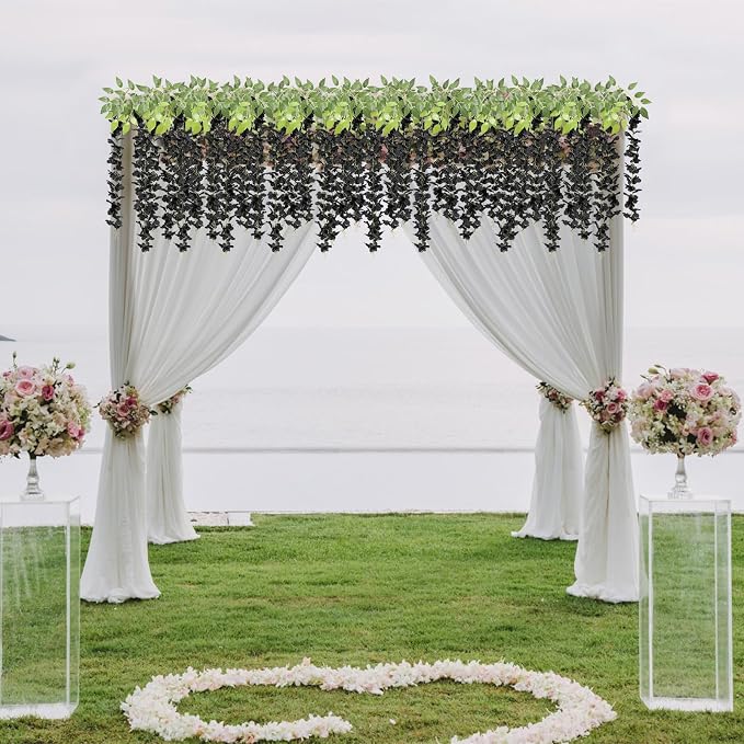 U'Artlines 24 Pack (Total 86.4 Feet) Artificial Fake Wisteria Vine Rattan Hanging Garland Silk Flowers String Home Party Wedding Decor (24, Black)