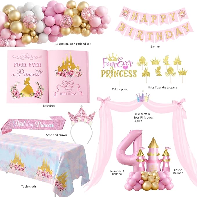 Four Ever a Princess Birthday Decorations, Princess 4th Birthday Party Decoration Supplies, Balloon Garland Castle Balloon Tablecloth Backdrop Cake Topper