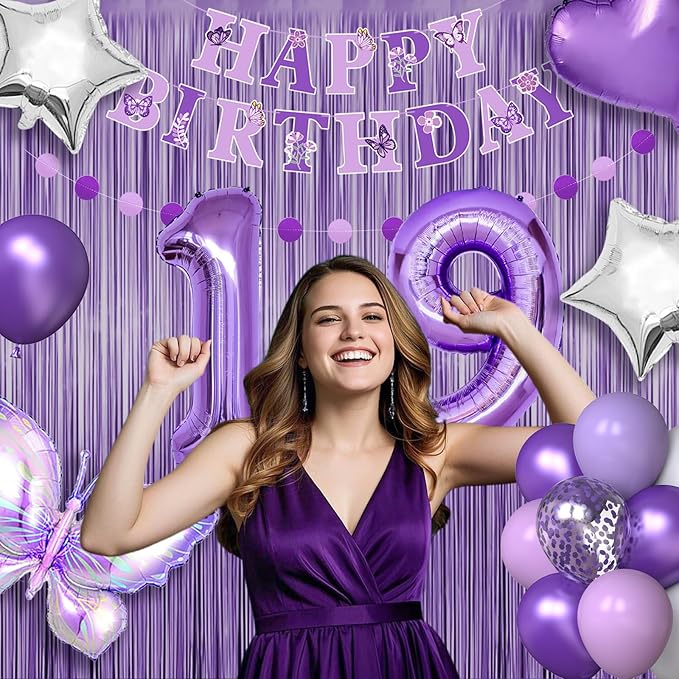 19th Purple Birthday Decorations for Women, Purple Pink 19th Birthday Decorations Butterfly Theme Lavender Party Decor Set with Number Balloons, Banner, Sash, Butterfly Stickers