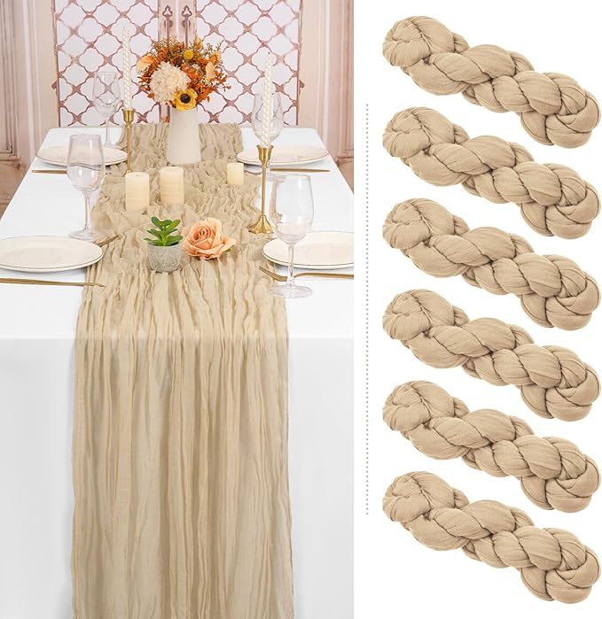 Showgeous 6 Pack Beige Cheesecloth Table Runner, 10FT Long Semi-Sheer Boho or Rustic Gauze Table Runner Wedding Table Decor for Wedding Arch Draping Bridal Shower Holiday Party