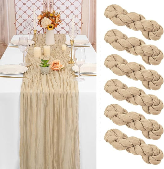 Showgeous 6 Pack Beige Cheesecloth Table Runner, 10FT Long Semi-Sheer Boho or Rustic Gauze Table Runner Wedding Table Decor for Wedding Arch Draping Bridal Shower Holiday Party