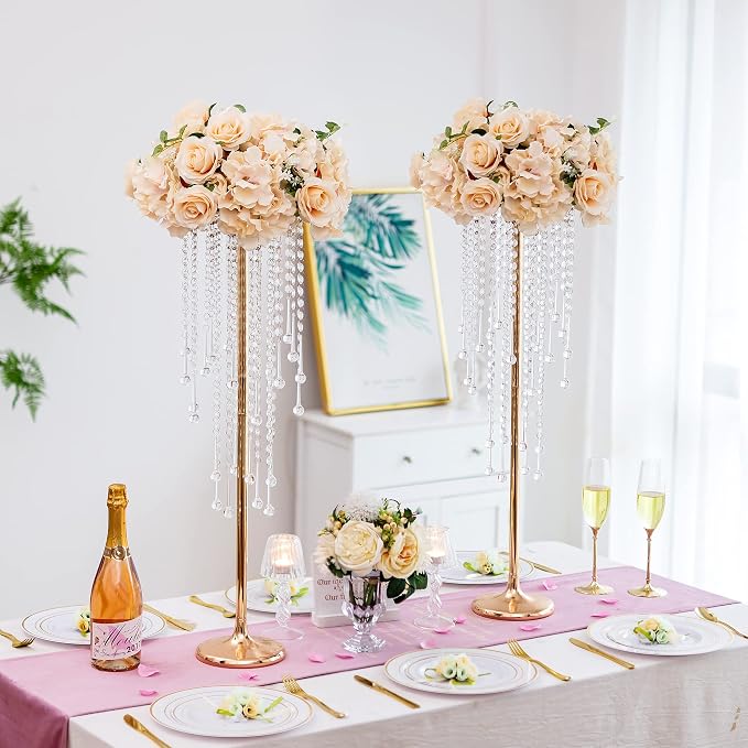 Metal Gold Vase, 29.6'' Tall, Chandelier Crystal, Elegant Design, Rust Resistant, Ideal for Wedding, Reception, Party, Events, Home Decor, 10 Pcs