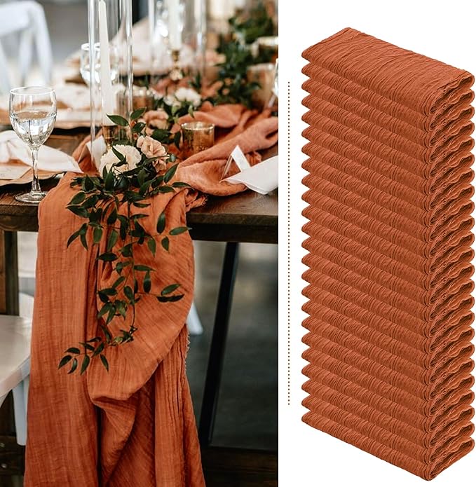 Showgeous 24 Pack Terracotta Cheesecloth Table Runner, 10FT Long Semi-Sheer Boho or Rustic Gauze Table Runner Wedding Table Decor for Wedding Arch Draping Bridal Shower Holiday Party
