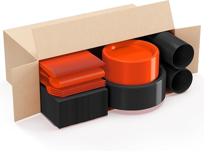 350 Pcs Orange & Black Plastic Plates For Party, Orange & Black Disposable Plates Set, 50 Of Each 9" Dinner Plate Set, 7" Dessert Plate, Cups, Napkins & Cutlery Plastic Dinnerware Set Exquisite