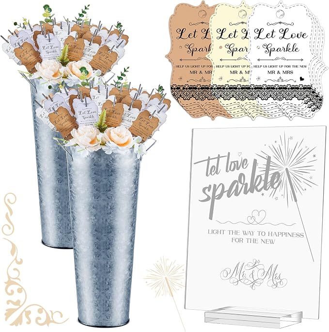 Henoyso 153 Pcs Wedding Send Off Set, 150 Lace Wedding Tags, 2 Pack 17.7 Inch Galvanized Metal Buckets, 1 Acrylic Send Off Sign with Stand for Party Decorations(Silver)