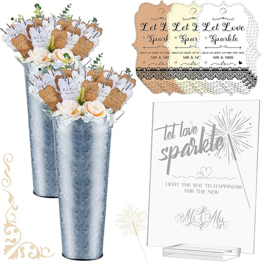Henoyso 153 Pcs Wedding Send Off Set, 150 Lace Wedding Tags, 2 Pack 17.7 Inch Galvanized Metal Buckets, 1 Acrylic Send Off Sign with Stand for Party Decorations(Silver)