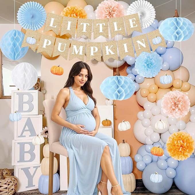 Kriyokiaa Little Pumpkin Baby Shower Decorations for Boy 14 Pcs Blue Fall Baby Shower Decorations with Little Pumpkin Banner, Tissue Pom-Poms, Paper Fan for It's a Boy Party