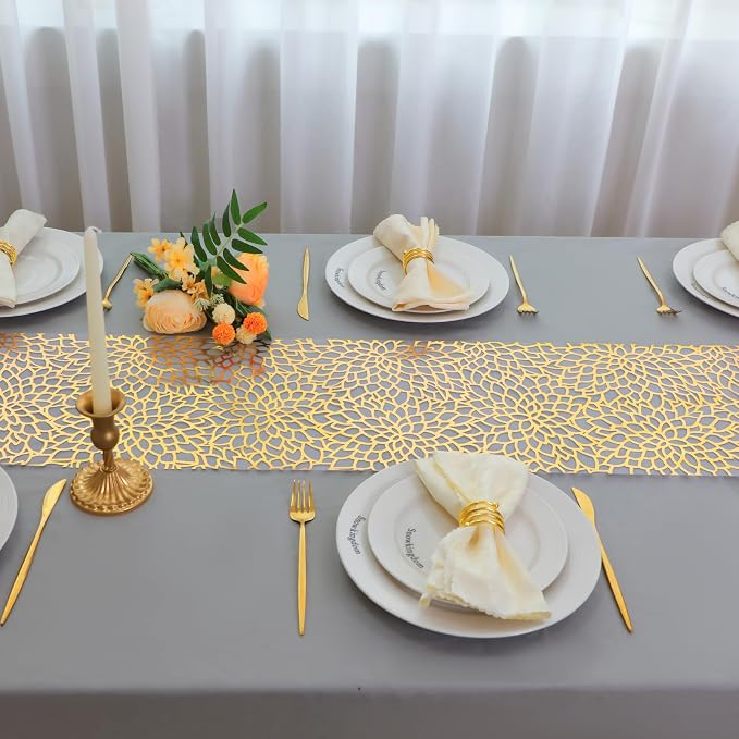Snowkingdom 2 PCS Gold Table Runner 108 Inches Long, Gold Bloom Sequin Glitter Flower Floral Table Decor for Holiday Dining Kitchen Party Home Decorations