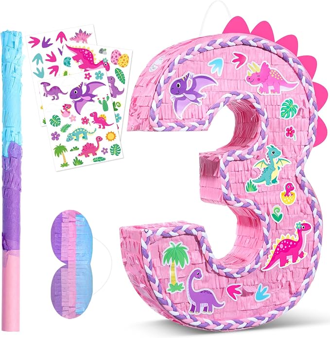 Dinosaur Pinata Set Dino Themed Pinata with Stick and Blindfold Girls Dinosaur Birthday Party for Animal Theme Party Decoration Baby Shower Game Supplies (Pink Dino)