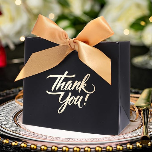 Yoption 50 Pcs Wedding Party Favor Boxes, Small Thank You Gift Bags Boxes with Gold Bow Ribbon Wedding Bridal Shower Birthday Party (Black)