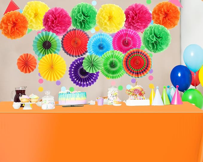 Fullhawl 27 Pcs Mexican Party Decoration, 6 Pack Disposable Tablecloth 21 Pcs Hanging Paper Fans, Pom Poms Flowers, Garland String Polka Dot and Triangle Flag Set for Rainbow Birthday Fiesta Party