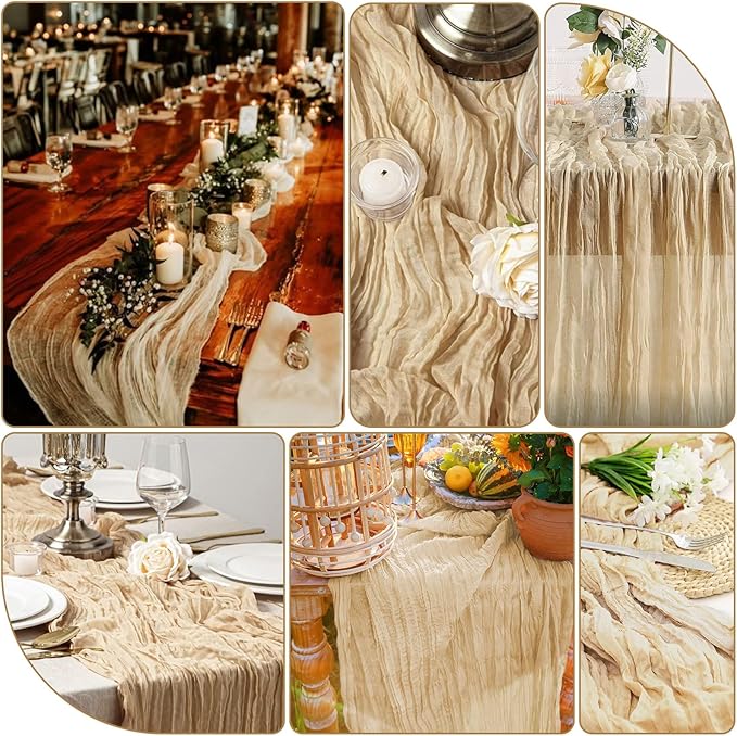 8 Pack Beige Cheesecloth Table Runner 10FT Long Boho Gauze Fabric Table Runner Vintage Rustic Sheer Runners for Wedding Party Bridal Baby Shower Table Decorations