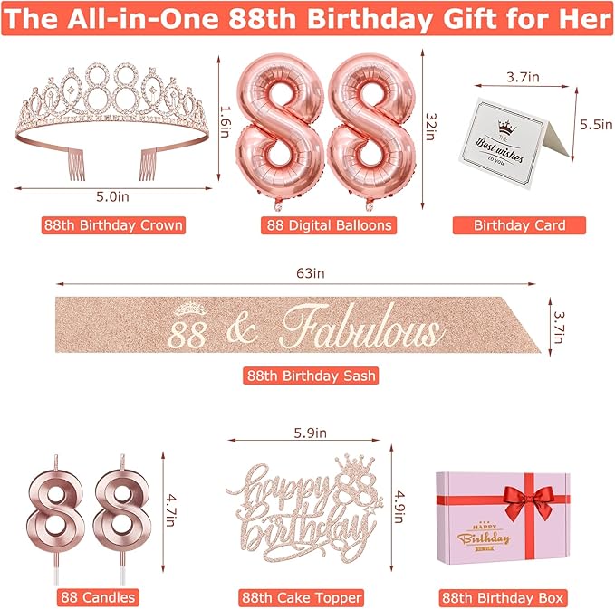 88th Birthday Decorations for Women, Including 88th Birthday Sash and Tiara, Cake Topper and Candles, Number Balloons, 88 Year Old Gifts for Women