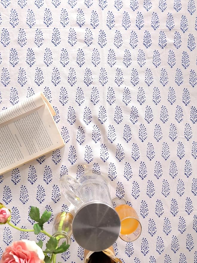Hand Block Printed Tablecloth, Colorful Floral Print, Indian Artisan Handmade Art, Dining Room, Kitchen, Outdoor Décor, (Blue Buti, 12 Seater 72 x 135 Inches Rectangle)