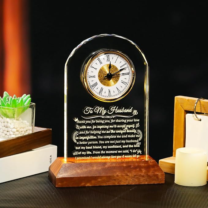 Glass Clock Gifts for Husband from Wife with Wooden Light Base, Personalized Gift for Husband Who Has Everything on Birthday Anniversary, Presents for Him on Christmas Home Desk Clock
