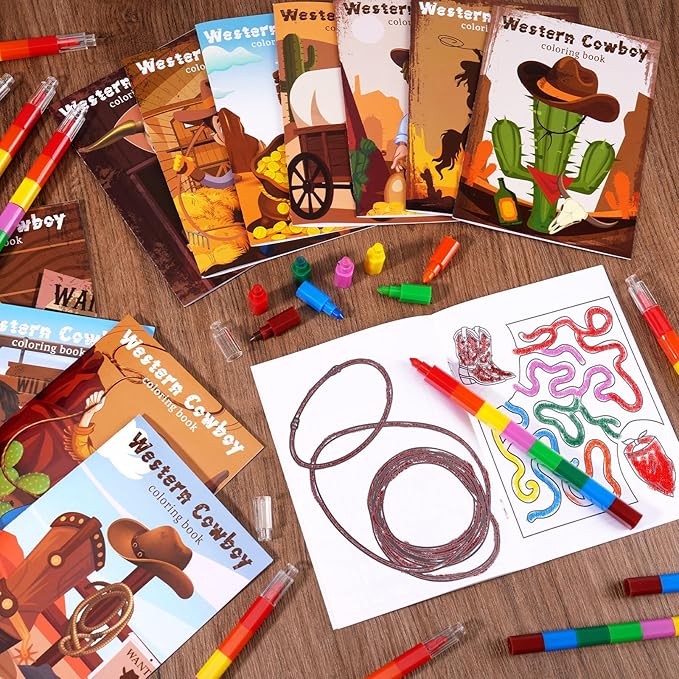 BenLouis 24 Western Cowboy Mini Coloring Books Kids With 24 Stacking Crayons Wild West Party Favors Activity Books Bulk for Kids Yee Haw Rodeo Goodie Bag Gift Stuffer Classroom Reward