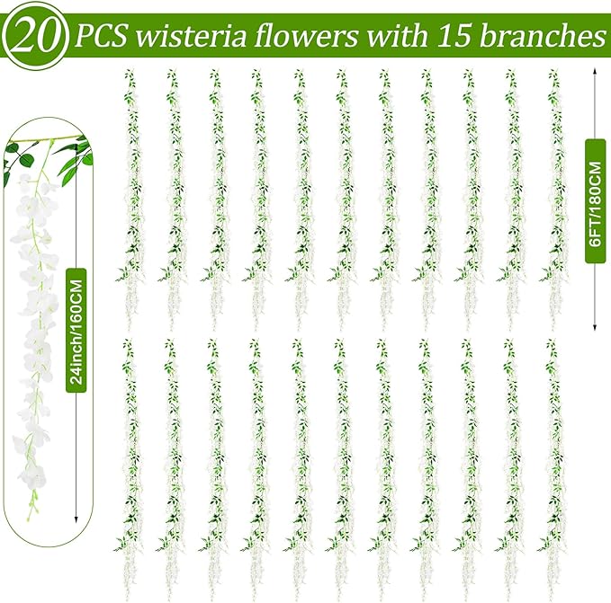 300 Branches Wisteria Hanging Flowers,20Pcs Total 120ft White Wisteria Artificial Flowers Garland Vine Silk Hanging Flowers for Wedding Party Arch Ceremony Garden Home Backdrop Decor