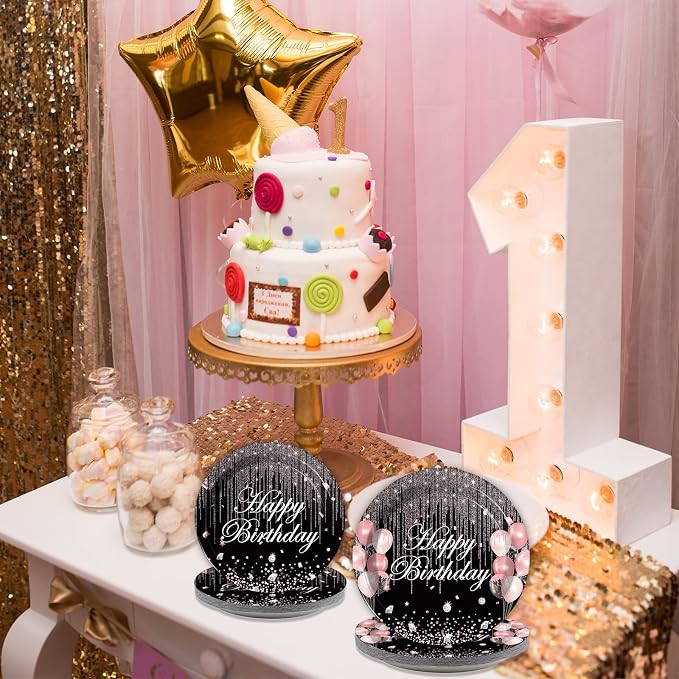 Chiazllta 96 Pcs Black & Rose Gold Party Paper Plate and Napkins - Pink Rose Gold Birthday Party Table Decoration Supplies - Pink Glitter Paper Plate Napkin Fork for 24 Guests