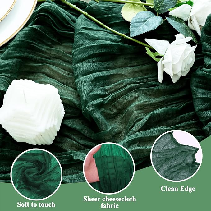 6PCS Table Runner Cheesecloth 10FT Emerald Green Boho Gauze Cheese Cloth Rustic Sheer Table Runners for Wedding Bridal Baby Shower Party Decoration