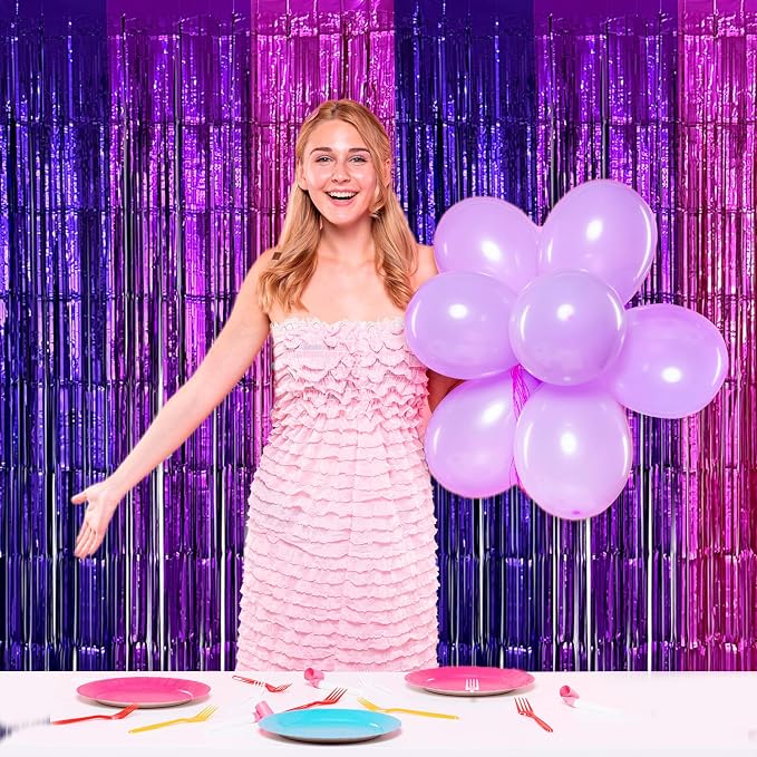 4 Pack Purple Pink Foil Fringe Curtains Streamers Backdrop for Music Themed Party Decorations, Girls Butterfly Birthday Party Decorations Supplies