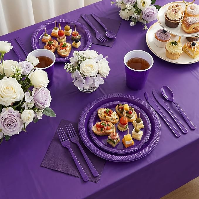 352 Pcs Purple Plastic Plates Party Set, 50 Guests Disposable Dinnerware Set with Deep Purple Tablecloths, Royal Deep Purple Plastic Plates Party Set for Wedding/Luxury Banquet/Anniversary/Gala