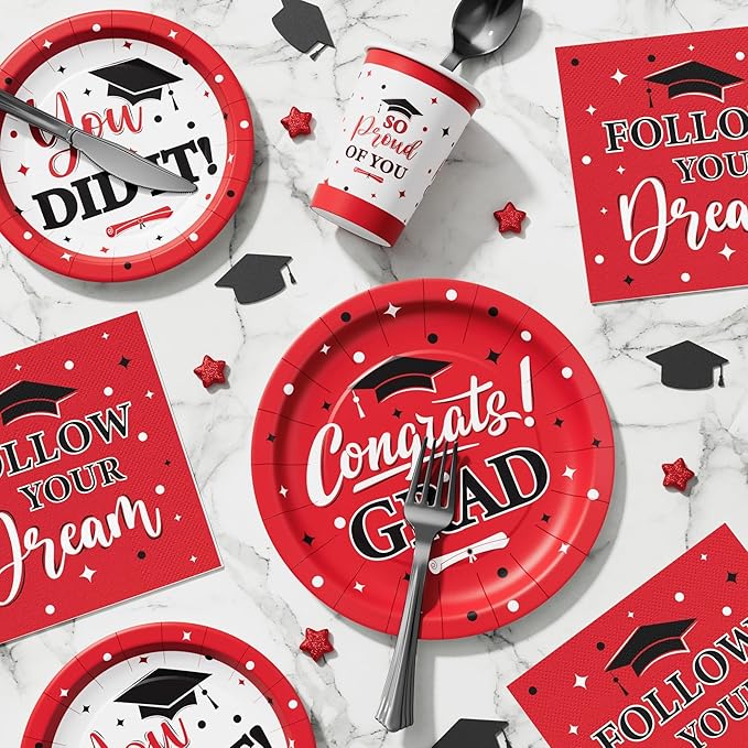 Ecomore Graduation Decoration Class of 2026, 350PCS Graduation Party Supplies Disposable Dinnerware(Serve 50) with Paper Plates Cup Napkin Fork Knife Spoon College High School Grad Decor (Red & Black)