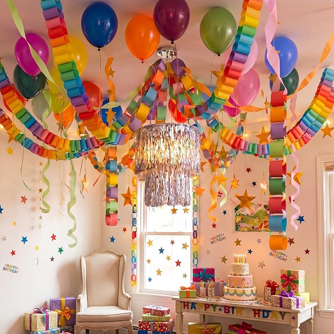 Blueweenly Fancy Princess Birthday Party Decorations Paper Chain Garland Strip Ceiling Party Classroom Decor Crepe Streamer Glitter Star Chandelier Balloons for Wedding Birthday(Rainbow,Large,5 Pcs)