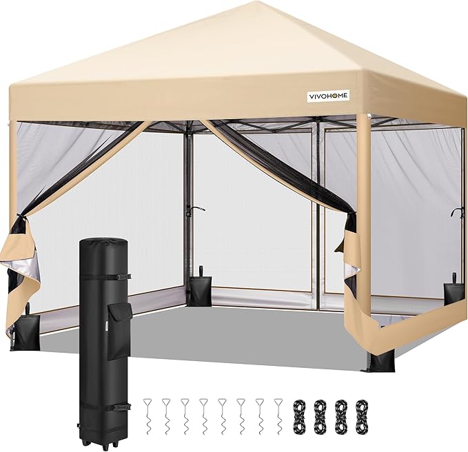 VIVOHOME 10x10ft Easy Pop-Up Canopy, Outdoor Screen Tent with Mosquito Netting, 2 Zipper Doors, and Roller Bag for Yard Camping Picnic Party Events, Beige